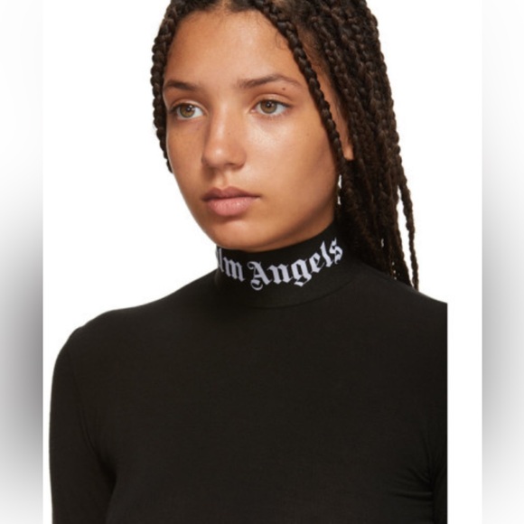 RARE PALM ANGELS Sz S logo tape high neck, bodycon stretchy bodysuit snap crotch - Picture 9 of 10